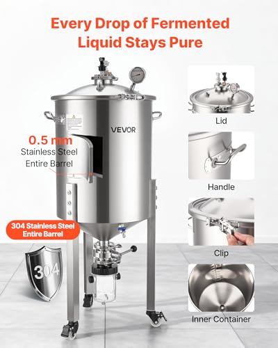 Image of VEVOR Pressure Fermenter 15 PSI, 16 Gal /60L All-in-One Stainless Steel Conical Secondary Fermentation Bucket, with Cooling Tube, Yeast Slurry Collection Bottle, for Wine, Beer Brewing Equipment