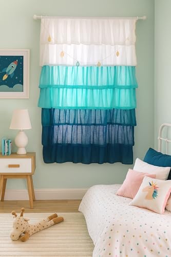 Image of NYSARG Decor Hub Ruffle Cotton Curtain for Window | Boho Style | Light Filtering Single Frill Curtain for Living Room, Bedroom, Kids Room & Kitchen (5 feet, 60 * 42inch) (Blue)