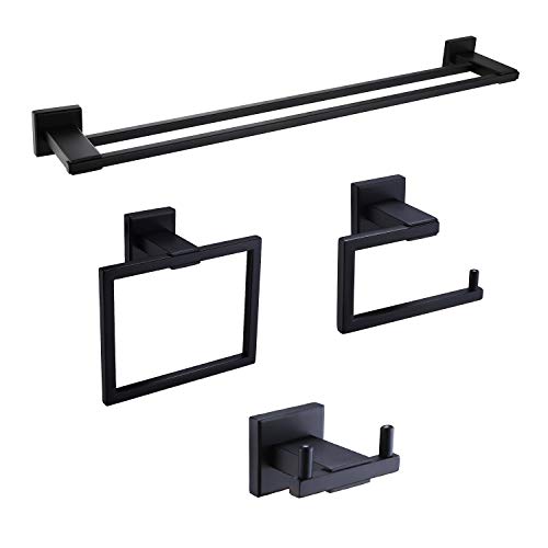 Product Deal Iriber Bathroom Hardware Matte Black Double Bath Towel Bar Rack Shelf Caddy Accessory Set,Stainless Steel Towel Holder,Toilet Paper Holder,Robe Hook Wall Mounted,4-Piece
