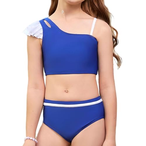 Girls Swimsuit Bikini Set Two Piece Bathing Suit Metallic Ruffled One Shoulder Swimwear with Hairband 4-13Y