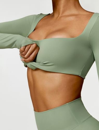 Image of ABOCIW Women Square Neck Long Sleeve Workout Crop Top Low Medium Impact Athletic Yoga Gym Shirts with Built in Bra(ONLY TOP)