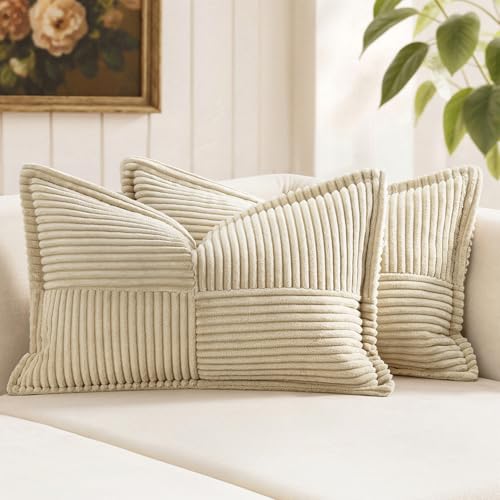 Image of MIULEE Decorative Lumbar Throw Pillow Covers for Couch Bed Livingroom 12x20 Inch Set of 2 Cream Boho Accent Throw Pllows Broadside Striped Patchwork Soft Corduroy Pillowcases