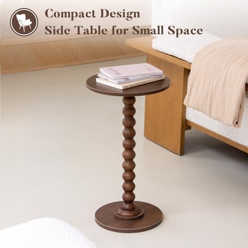 Image of Fultyle Small Round Side Table, Walnut End Table for Small Spaces, Modern Drink Table Accent Table with Solid Wood Leg for Living Room, Bedroom, Corners, and Office (Walnut Brown)