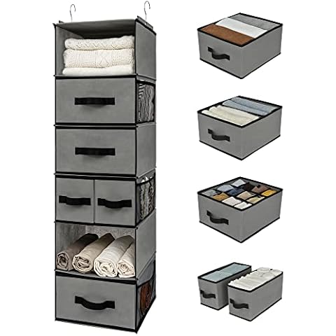 GRANNY SAYS Hanging Closet Organizer 6 Shelves, Closet Organization and Storage with 5 Different Drawers, 6 Side Pockets Wardrobe Clothes Organizer for Closet, Gray, 1-Pack Cover