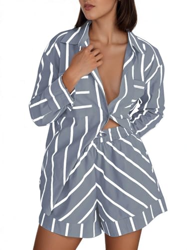 Image of Tankaneo Womens Striped 2 Piece Outfits Button Down Shirts and Shorts Lounge Matching Sets