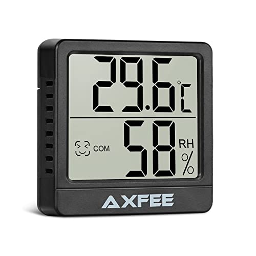 AXFEE Higrometro Digital Termometro, 1 Pieza Mini Termómetro Interior del Higrómetro, Pantalla LED con Logo de Confort Interior Termometro Ambiental, paraOficina, Jardín, Habitación de Bebé(Negro)