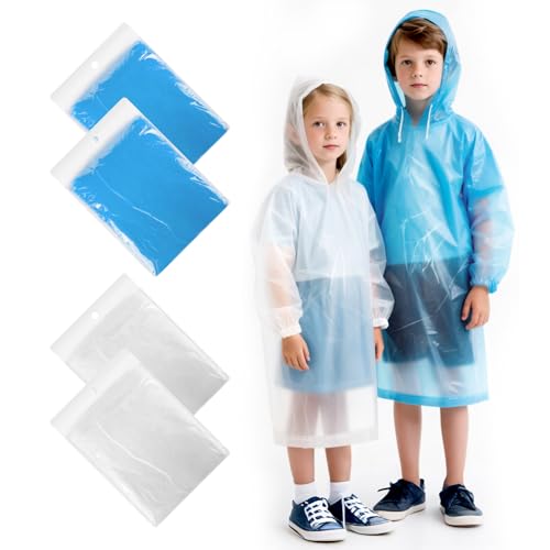 JuanYi 4 Pack Kids Rain Ponchos Disposable Ponchos Waterproof in Pocket Size 40% Thicker Emergency Kids Raincoats with Hood for Theme Parks School Daily Use