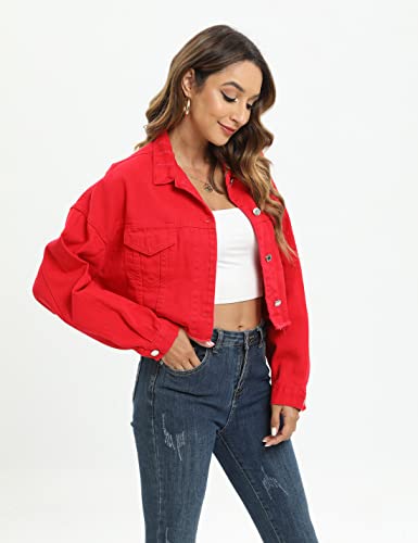 Locachy Women's Cropped Ripped Distressed Denim Jacket Casual Button Down Loose Jeans Coat Fringe with Frayed Hem4