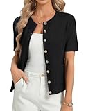 GRACE KARIN Women's Short Sleeves Solid Knit Cardigan Round Neck Button Tops with Pockets Black L
