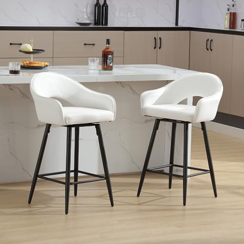 Butacos giratorios HEAH-YO, juego de 2 unidades, altura de asiento 27 pulgadas, con respaldo y patas metálicas, sillas modernas de cuero PU para isla de cocina, color blanco crema miniatura 3