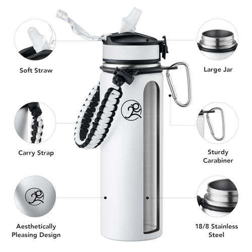Image of GOSWAG 24oz Insulated Stainless Steel Travel Water Bottle, 2 Lids | with straw and no straw, Paracord handle, Double-wall vacuum keeps drinks cold or hot, Leakproof tumbler