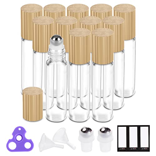 Essential Oil Roller Bottles 10ml ( Clear Glass Bottle with Bamboo Lid, 12 Pack, 2 Extra Stainless Steel Balls, 24 Labels, 1 Opener, 1 Funnel, 2 Droppers ) Roller Balls for Oils, Roller on Bottles