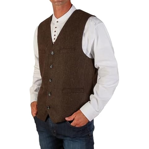 The Celtic Ranch Wool Blend Irish Tweed Mens Vest with Full Back, Adjustable Fabric Belt, 4 Pockets, and Herringbone Pattern (Brown, 2X-Large) Cover