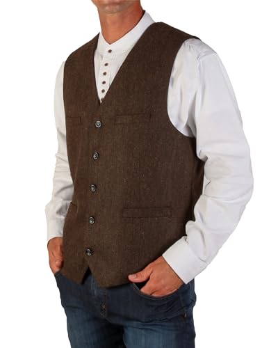 Wool Blend Irish Tweed Mens Vest with Full Back, Adjustable Fabric Belt, 4 Pockets, and Herringbone Pattern