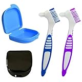 2 Stück Prothesenzahnbürste mit 2 Stück Zahnspangendose, Prothesenbürste, Tragbare Gebissdose und Zahnbürste für Prothesen, Zum Aufbewahren Von Zahnspangen Oder Zahnschienen