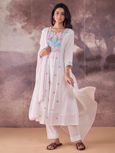 Image of INDO ERA Women's Pure Cotton Embroidered A-Line Kurta & Pant with Dupatta Set | Cotton kurta sets for women