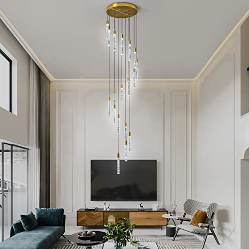 Image of 18-Light Modern Living Room Chandelier Gold Brass Finish Crystal Ceiling Pendant Lights LED Dimmable 108W 6000K Staircase Large Chandeliers for Entryway Lobby Foyer High Ceiling Chandeliers