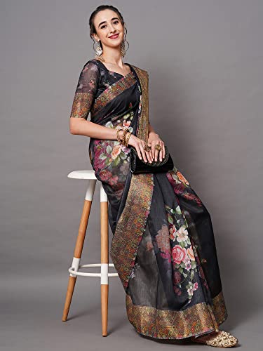 Image of AKHILAM Women's Ikat Linen Saree With Blouse Piece