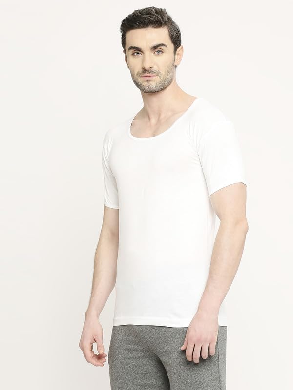 Image of VIP KNITSHRUNK 100% Cotton Antimicrobial Round Neck Half Sleeve Vest Combo Set for Mens with Sweat Absorbent Inner Vest, White