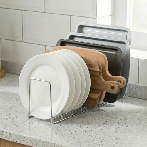 Image of Kitchen Organizer Metal Dish Rack Cutting Board Holder Stand for Countertop or Inside Cabinet Organization, 8 Slot Cutting Board Plate Drying Rack for Bakeware Storage SLIVER