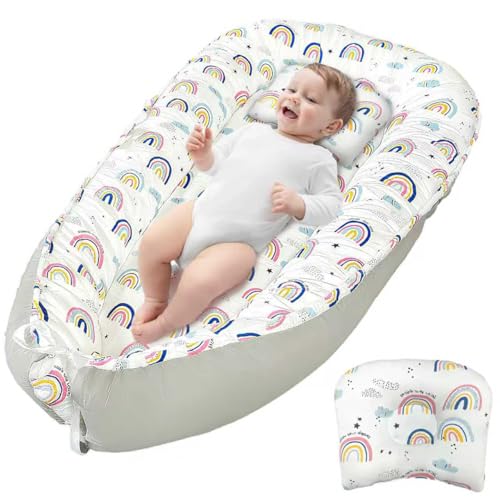 Image of JIFTOK Baby Nests Lounger for Newborn, Snuggle Bassinet for 0-24M, Breathable Portable Co Bed, Baby Essentials Adjustable Infant Soft Cotton Loungers for Home & Travel -Rainbow