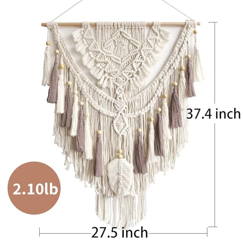 lokeisna Makramee-Wandbehang, gewebter Wandteppich, Beige und Altrose, handgefertigt, Makramee-Wanddekoration, Galerie und Kinderzimmer, Größe 95 cm L x 70 cm B