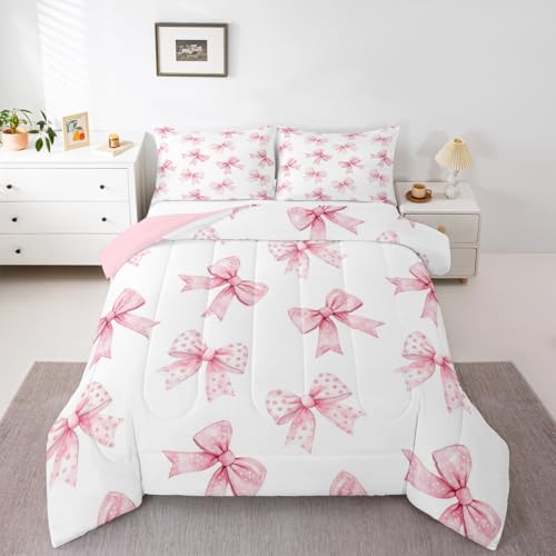Image of Erosebridal Pink Bow Kids Bedding | Coquette Bowknot Queen Comforter Sets,Princess Girls Ribbon Bowtie Comforter Watercolor Cute Duvet Insert with 2 Pillow Cases
