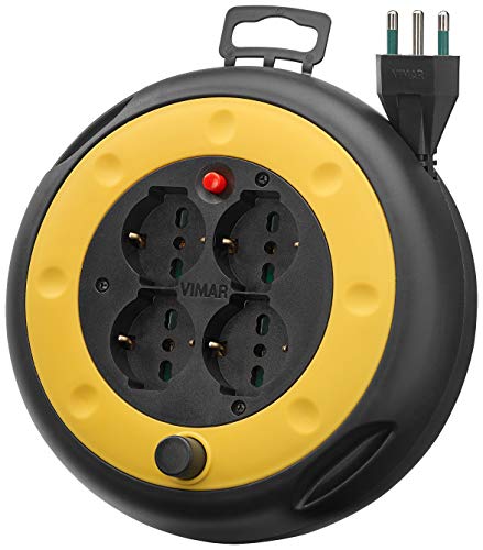 Vimar 0P32713 Avvolgicavo 4 metri, con 4 prese universali a standard italiano Sicury, spina 16A (grande) e disgiuntore termico di protezione in caso di sovraccarico