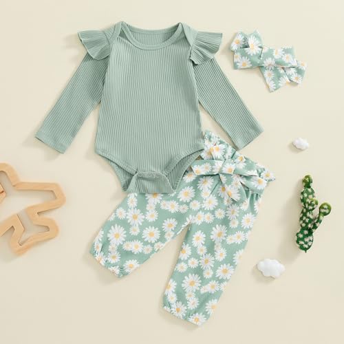 Karwuiio Newborn Infant Baby Girl Clothes Long Sleeve Ruffle Romper Top Pants Set Toddler Baby Girl Outfits Headband2