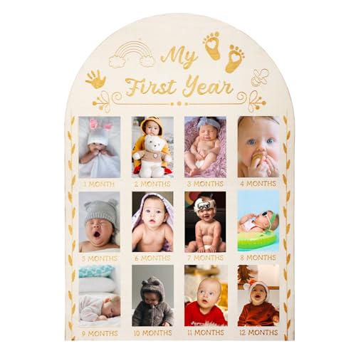 NQEUEPN My First Year Picture Frame, 16x11 Inch My First Year Photo Display Board Wooden 12 Months Newborn Milestone Wood Baby Photo Frame for Birthday Keepsake Nursery Decor Gift