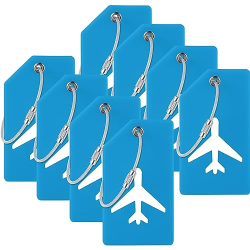 Étiquettes bagages silicone bleu ciel avec carte nom et boucle acier lot 8