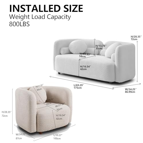Image of 2026 New Beige Boucle Loveseat Sofa Set, 3-Piece Living Room Seating Set - 2 Seater Sofa + 2 Single Chairs, Solid Wood Frame Modern Couches with Pillows