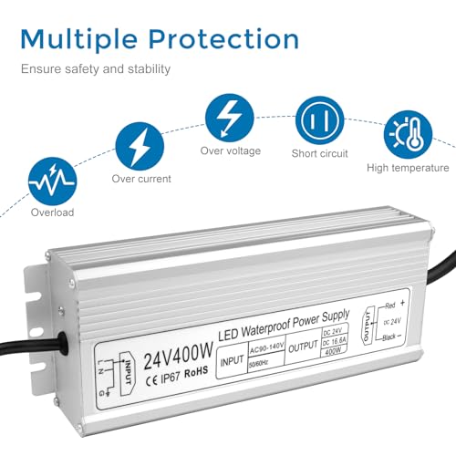 Image of LED Driver 400W 24V Power Supply, IP67 Waterproof Low Voltage Transformer, AC 90-140V to DC 24V 16.6A Converter for Outdoor Landscape Lighting, LED Strip Lights, 3-Prong Plug with 3.3FT Cable