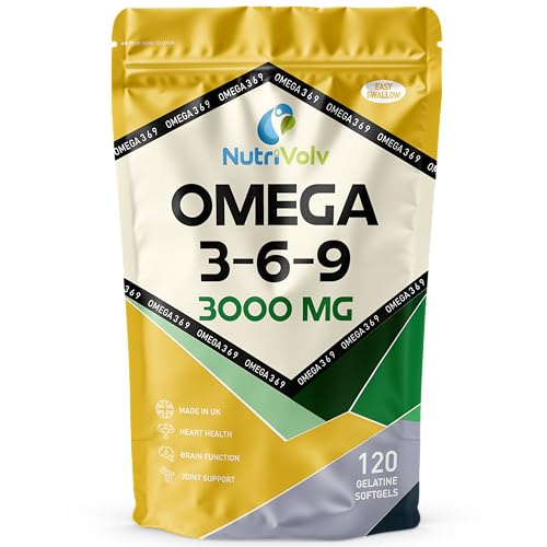 Nutrivolv Omega 3-6-9 | 3000mg Triple Strength | Fish Oil & Flaxseed Oil Blend | High EPA & DHA | Heart Health Brain Function & Eye Health | Essential Fatty Acids - 120 Gelatine Softgels