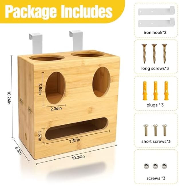 Trash Bag Holder Dispenser Wooden, 3-in-1 Bamboo Grocery Bag Holder & Trash Bag Dispenser for Grocery Bags and Garbage Bags, Wall Mount Trash Bag Holder for Home Kitchen Cabinet Organization