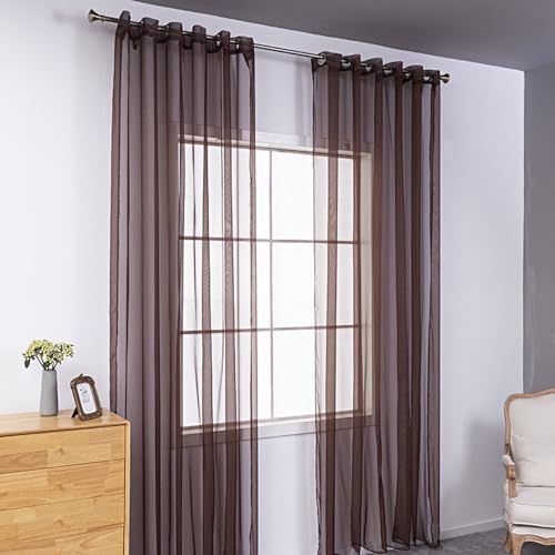Blausky 1 cortina de gasa de color sólido, cortina con ojales, transparente, cortina con ojales, cortina de gasa, para salón, ventilada, cortina decorativa para dormitorio, café oscuro, 100 x 250 cm