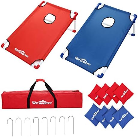 Win SPORTS Portable Assemble PVC Framed Cornhole Toss Game Set with 8 Bean Bags and Carrying Case(3 x 2-feet) - Choose Flag Design, Red & Blue