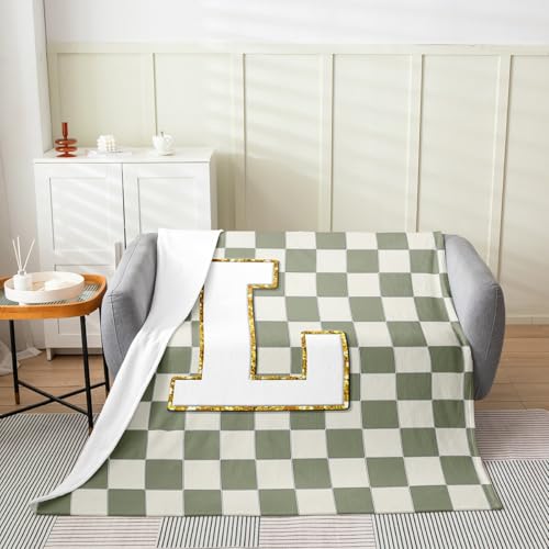 Image of Erosebridal Sage Green Checkered Fuzzy Plush Throw Plaid Initial L Fleece Blanket Personalized Monogram Flannel Blanket for Kids Boys Girls,Fashion Grids Gingham Decor for Bed Couch Throw 50 inchx60 inch