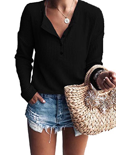 Image of Famulily Women's Waffle Knit Tunic Tops Loose Long Sleeve Button Up V Neck Henley Shirts