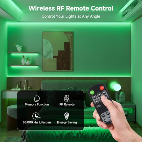 Image of BTF-LIGHTING Green Color COB LED Strip Light, UL Listed High Density Flexible Tape Light with RF Remote & ETL Power Adapter, DC12V 16.4FT Ultra Bright Light for Cabinet Kitchen Home Indoor Lighting