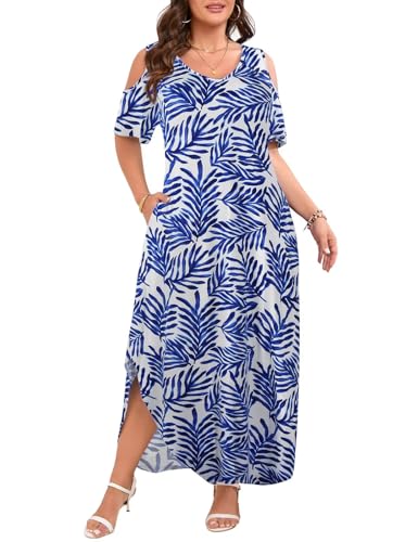Image of JollieLovin Womens Plus Size Casual Summer Maxi Long Dress Cold Shoulder V Neck Beach Sundresses