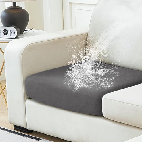 NAISI Waterproof Couch Cushion Covers Thick Velvet Fabric Washable Sofa Slipcovers 1 Piece Individual Sectional Couch Covers with Elastic Bottom(1 PC for Seat Cushion or Backrest,Grey)