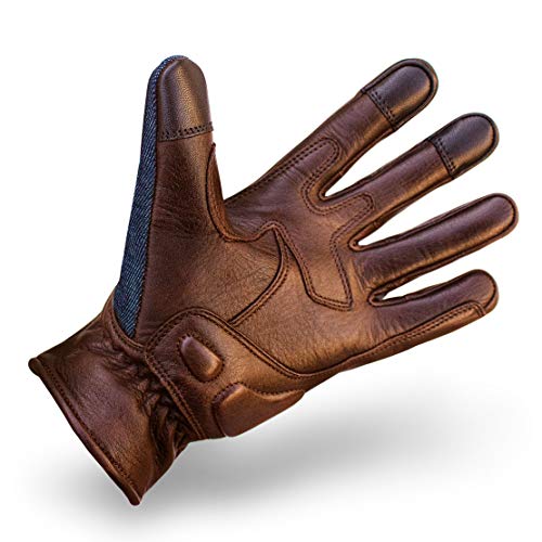 Indie Ridge Denim & Leather Motorcycle Gloves (Brown) With Mobile Phone Touchscreen (Medium) #TOP4