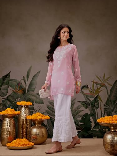 Image of Ada Women's & Girl's Georgette Hand Embroidered Lucknow Chikankari Regular Fit Short Kurti Top with Slip A911300