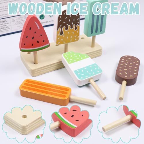 Eisdiele Kinder Holz Eiscreme Spielzeug, EIS am Stiel Holzspielzeug, EIS Spielzeug für Kinder, Kaufladen Zubehör Spielküche Rollenspiele für Kind Mädchen Jungen 3 4 5 6 Jahren Montessori Spielzeug