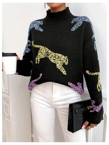 Image of WDIRARA Women's Leopard Tiger Print Sweater High Neck Long Sleeve Fuzzy Knitted Pullover Top