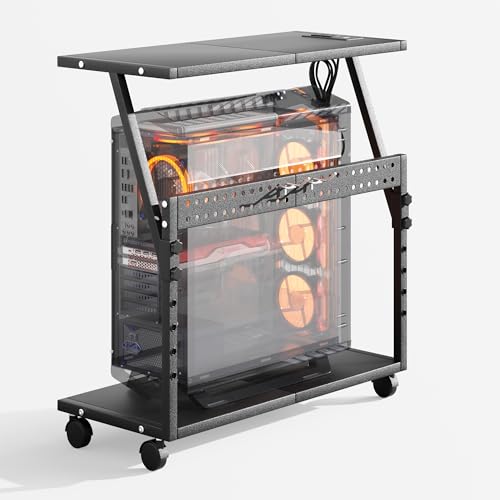 24In Large PC Stand, 5 Levels Height Adjustable Computer Tower Stand with Charging Station, Wheels and Hooks, CPU Holder Cart for Floor, Carpet and Under Desk, Easy Assembly（with Power Strips）