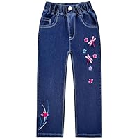 Peacolate 5-12 Years Little Big Girl Dark Blue Trousers Embroidered Dragonfly Straight Jeans(Dragonfly,7-8Years)