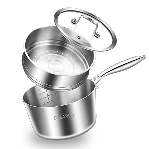 Image of DELARLO Kitchen Tri-Ply Stainless 3-Quart Steamer Set With Glass Lid,with Ergonomic Handle, Multipurpose Sauce Pan, Sauce Pot,oven safe