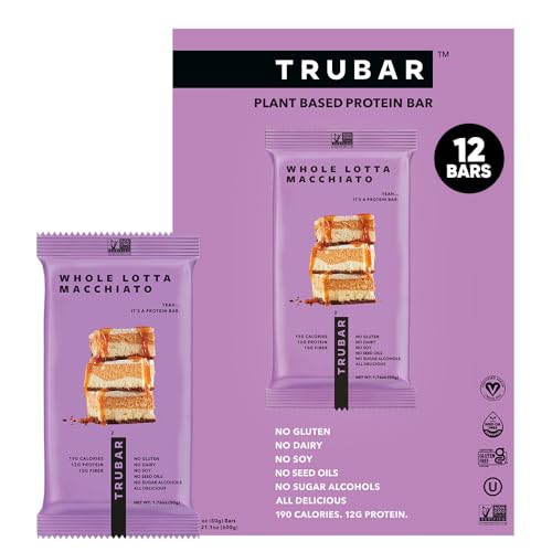 Image of TRUBAR Vegan Protein Bar, Whole Lotta Macchiato, Gluten Free, Plant Based Protein, Dairy Free, Non GMO, Soy Free, No Sugar Alcohols, 12G Protein, 12G Fiber, 23G Carb, On the Go Snack Bars, 12 CT